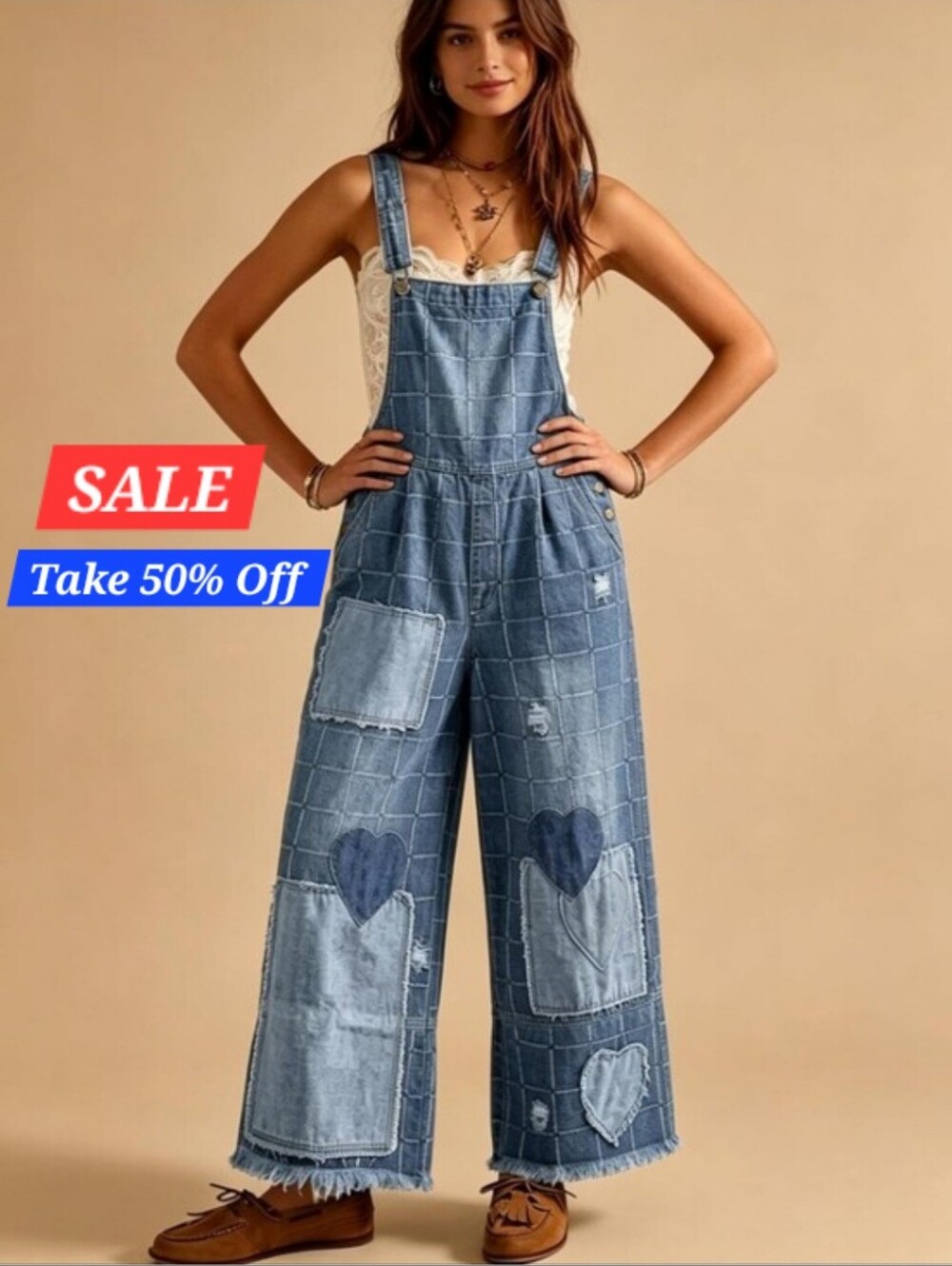 Light Blue Denim Heart Patchwork Wide-Leg Overalls. NWT